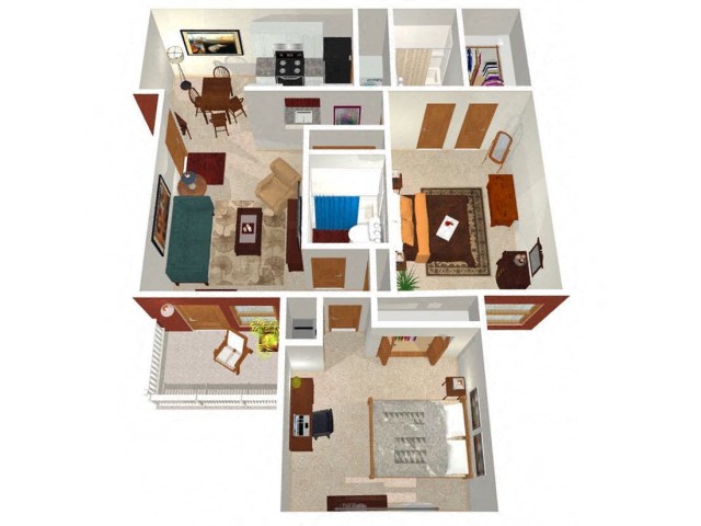 Floor plan for 2 beds, 2 baths, 1000 sqft